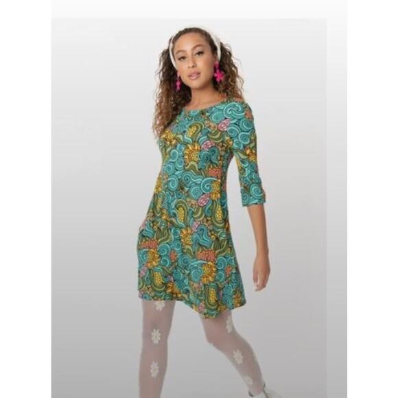 Smak Parlour Groovy Floral Cosmic Shift Dress Blue Psychedelic 60s Sz XS #28 - Picture 3 of 5